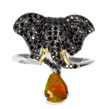 A 925 silver elephant shaped ring set with black spinels, opals and ruby set eyes, (N.5).