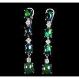 A pair of 925 silver earrings set with cabochon cut black opals and white stones, L. 4.5cm.