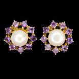 A pair of 925 silver gilt cluster earrings set with pearl and amethyst, Dia. 2.2cm.