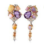 A pair of 925 silver rose gold gilt drop earrings set with checker board cut amethyst, cabochon