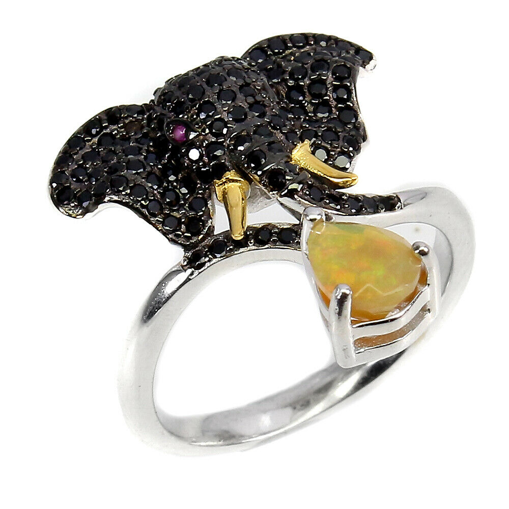 A 925 silver elephant shaped ring set with black spinels, opals and ruby set eyes, (N.5). - Image 2 of 2