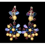 A pair of 925 silver drop earrings set with cream pearls, rubies, opals and black opals, L. 3.5cm.