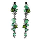 A pair of 925 silver drop earrings set with oval cut emeralds and chrome diopsides, L. 4cm.