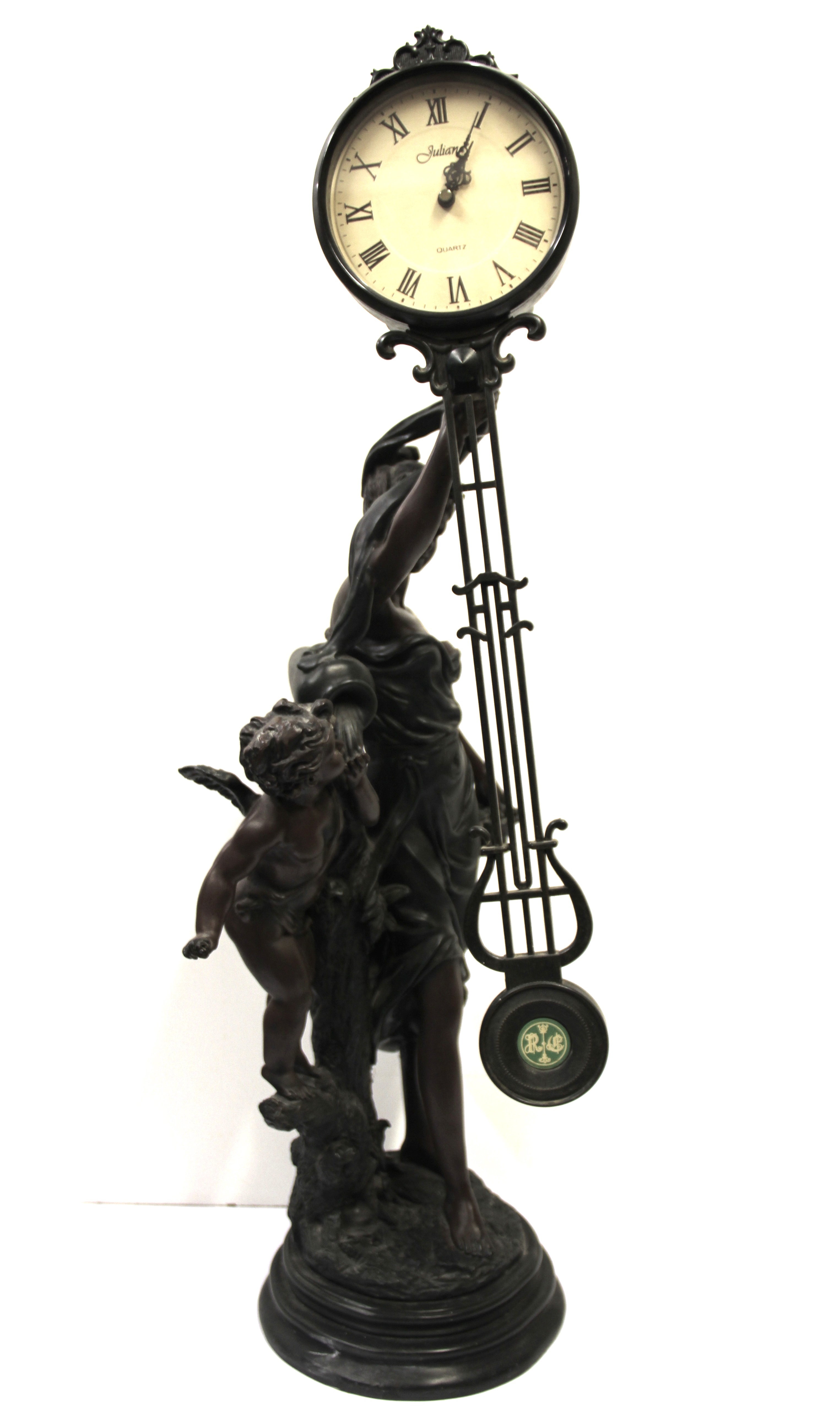 A large Victorian style resin figure holding a clock, H. 84cm.