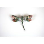 A 925 silver and marcasite enamelled dragonfly shaped brooch / pendant set with emeralds and