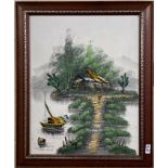 A framed acrylic on canvas painting of an oriental scene, frame size 74 x 60cm.