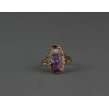 A 9ct yellow gold amethyst set ring, (M).