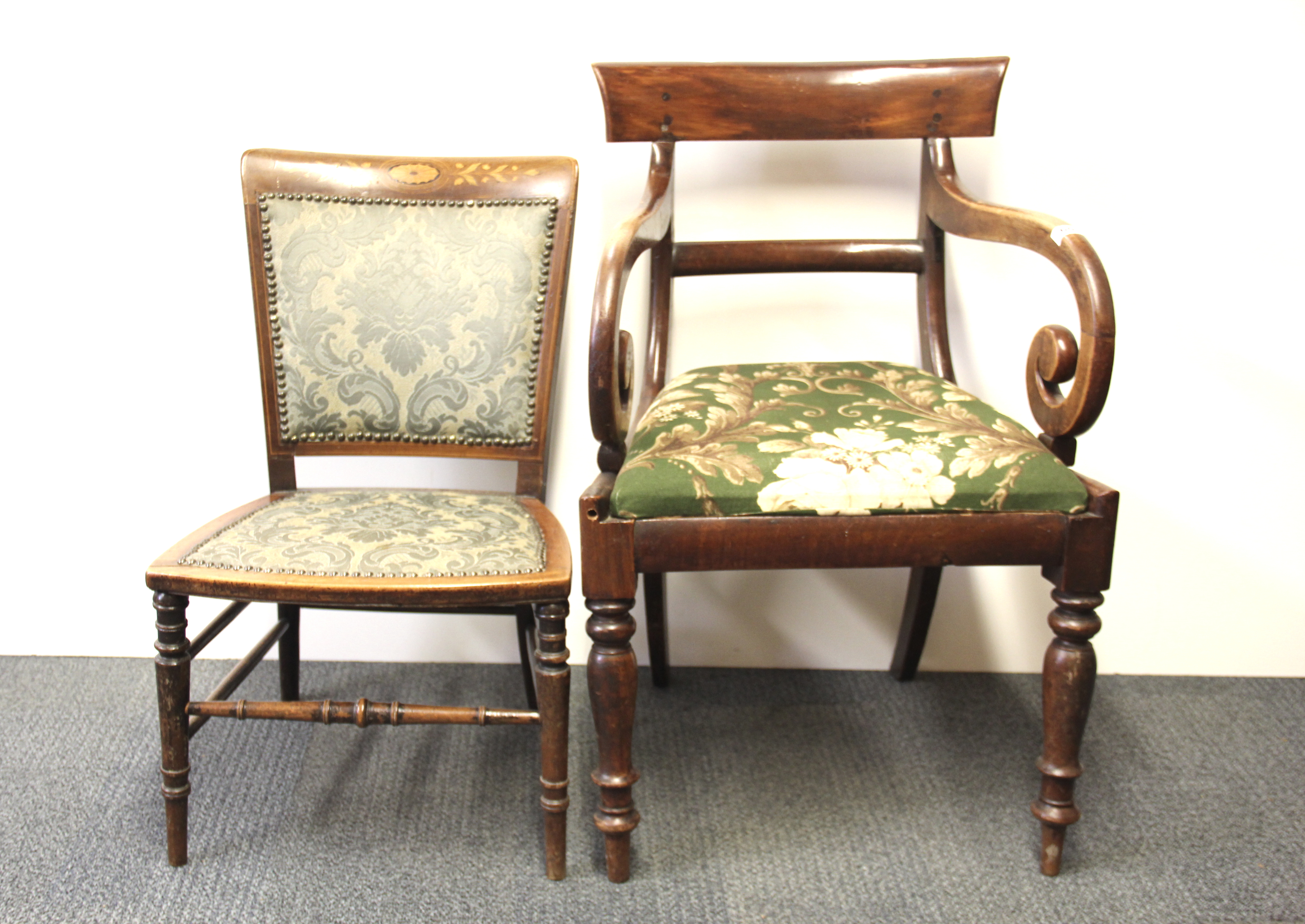 A Georgian mahogany armchair and an inlaid mahogany nursing chair.