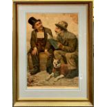A 19th Century framed amusing print of a Deaf and Blind beggar, the blind beggar reading to this