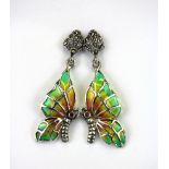 A pair of 925 silver and marcasite enamelled and ruby set butterfly shaped earrings and matching