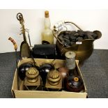 Copper coal scuttle, a set of wooden bowls and other items.