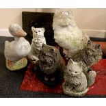 A group of vintage concrete garden animal and bird figures with a concrete plaque. Tallest, H.