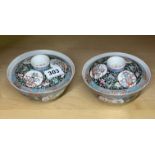 A pair of Chinese hand enamelled porcelain noodle bowls and covers with six character mark to