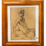 A birds eye maple framed charcoal sketch of a young man initialed and dated '69, frame size 47 x