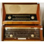 A wooden cased Melodia 10 with a further wooden cased Philips by-ampli radio, longest 59cm.