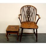 An 19th Century elm lady's windsor style chair (A/F), together with an Edwardian low table (A/F) .