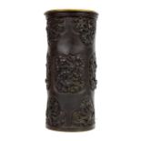 A 19th Century Japanese bronze cylinder vase/brush pot with gilt brass insert, H. 24cm.