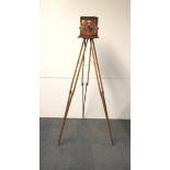 A Junior Sanderson mahogany plate camera with a wooden folding tripod with three mahogany plates.