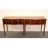 A pair of Edwardian mahogany serpentine fronted side tables with rosewood cross banding, 89 x 43 x
