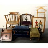 An Edwardian inlaid armchair, mahogany coal scuttle, three footstools and fire screen, a country