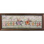 A framed Indian painting on silk of a procession with elephants, 37 x 103cm.