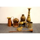 A miniature copper and brass divers helmet and other items.