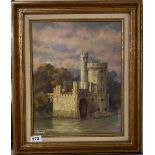 A framed oil on canvas of a castle beside a river signed Bonnet, frame size 52 x 45cm.