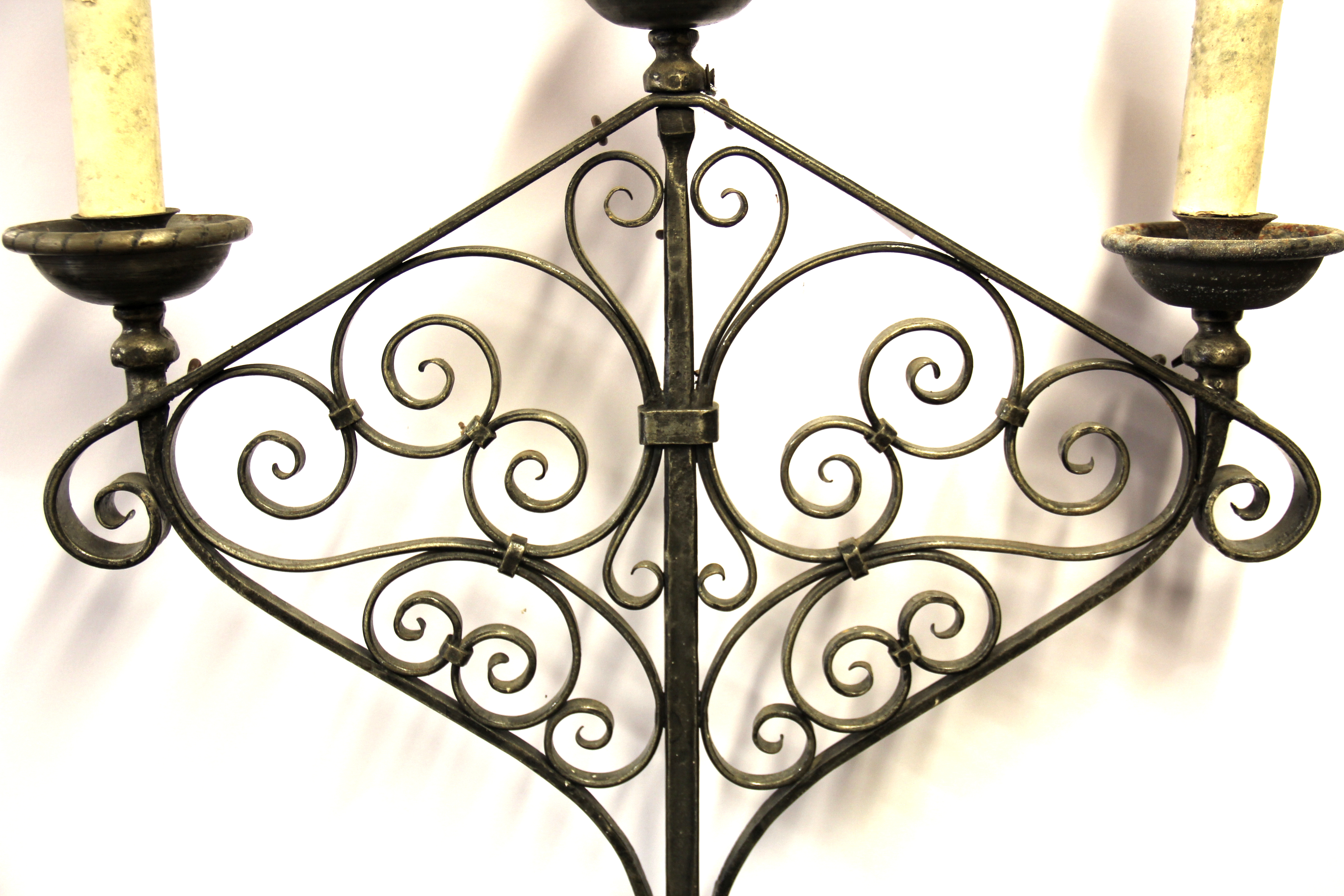 An early 20th Century ecclesiastical style iron candle holder converted for use with electricity, H. - Image 3 of 3