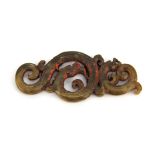 A Chinese carved olive green jade figure of two dragons, L. 9.5cm. Condition: encrusted with some