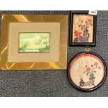 Two framed Chinese pictures, L. 17cm. together with a framed painting on board.