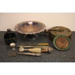 A silver plated fruit bowl and other items including a Royal Artillery beret badge.