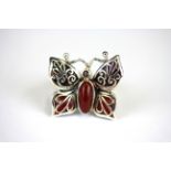 A 925 silver enamelled butterfly shaped ring set with onyx and garnet, (L).