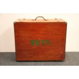 A vintage WRVS fitted wooden carrying case, 46 x 38 x 24cm. together with a heavy brass lever and