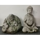 Two concrete garden figures of Buddhas, tallest 39cm.