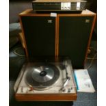 A Philips record player together with a pair of Whardale speakers and a Philips stereo.