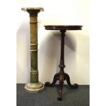 A 19th Century mahogany tripod based plant stand with later pine top together with a marble plant