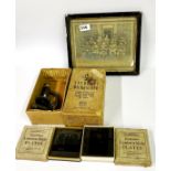 Two cases containing 14 lantern slides, a framed photograph of London discharge centre 1919 and a