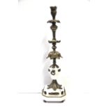 A large gilt brass and white marble based table lamp/ candlestick, H. 60cm.