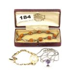 A vintage gilt wrist watch, a 925 silver amethyst set pendant and chain and a 925 silver bracelet.