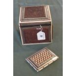 An Indian wooden and inlaid tea caddy, together with an 'Tumbling Cube' sandalwood inlaid card case.