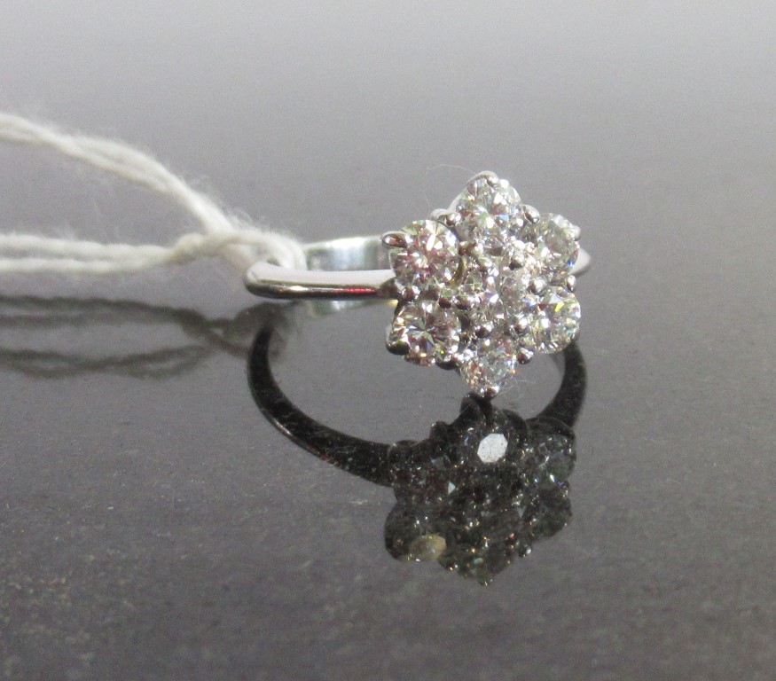 A diamond cluster ring, the seven brilliant cut diamonds in claw mounts to a plain 18ct gold shank,
