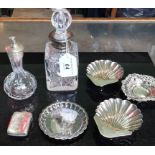 A small quantity of hallmarked silver items, comprising: silver collared decanter,