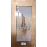 R M Montague. Watercolour of a sailing barge under full sale and other vessels, 30 x 12cm.