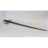 A 1845 pattern Officers sword (minus scabbard) with wire bound leather grip and long fullered blade.