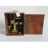 A wooden cased brass microscope marked Thos Rubergall, Optician to the Queen, 24 Coventry Street,