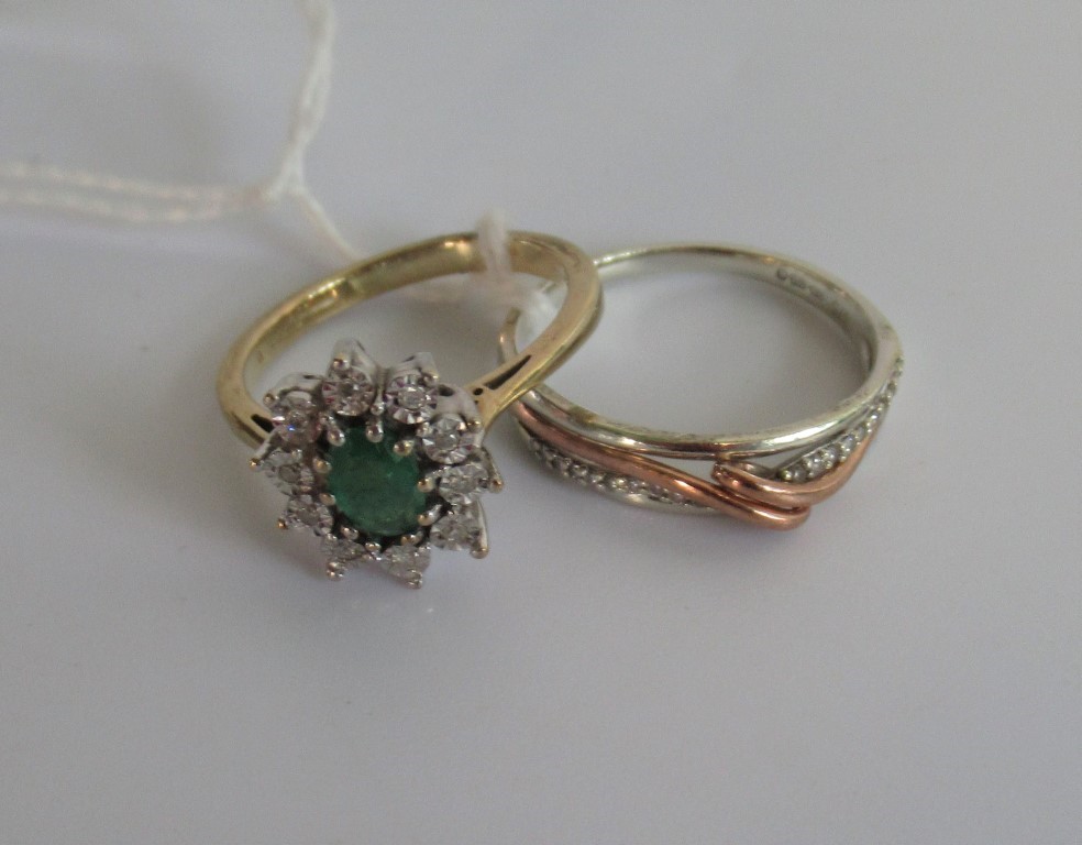 A two coloured 9ct gold and diamond set