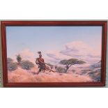 A framed oil on board, of a Zulu Warrior overlooking the South African plains, by Boy Molefe,