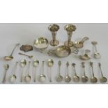 A quantity of assorted hallmarked silver, to include: caddy spoons, pair of small trumpet vases,