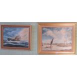 Two framed oil on board scenes, depicting a Norfolk Broads Wherry scene and another,