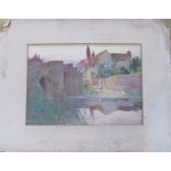 An unframed watercolour of a village riverside scene, with bridge to left foreground,